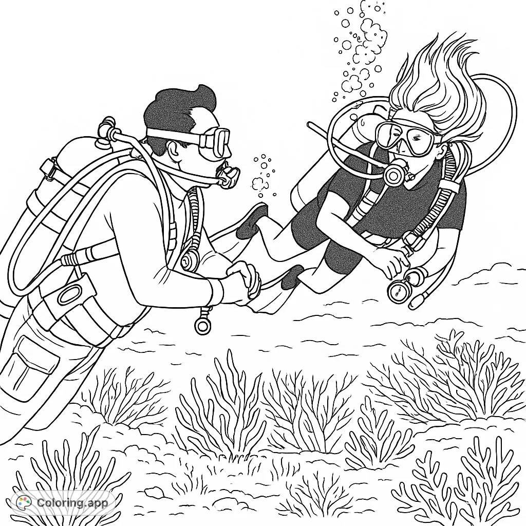 Dive into an exciting underwater scuba adventure! Explore the ocean depths with two divers amidst rocky seafloor and shimmering light. A free printable ocean coloring page.