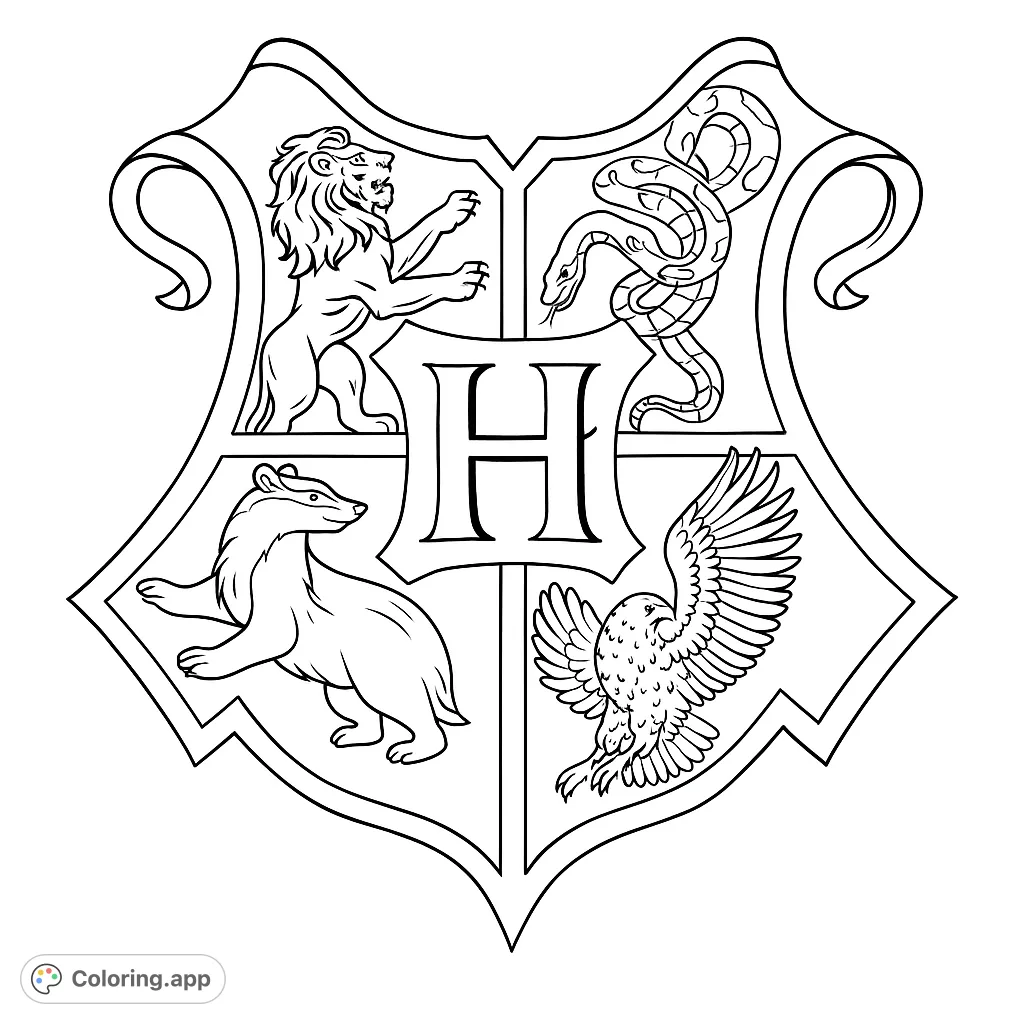 Detailed Hogwarts crest featuring four house mascots: lion, snake, badger, and eagle. A magical emblem for fantasy fans to color.