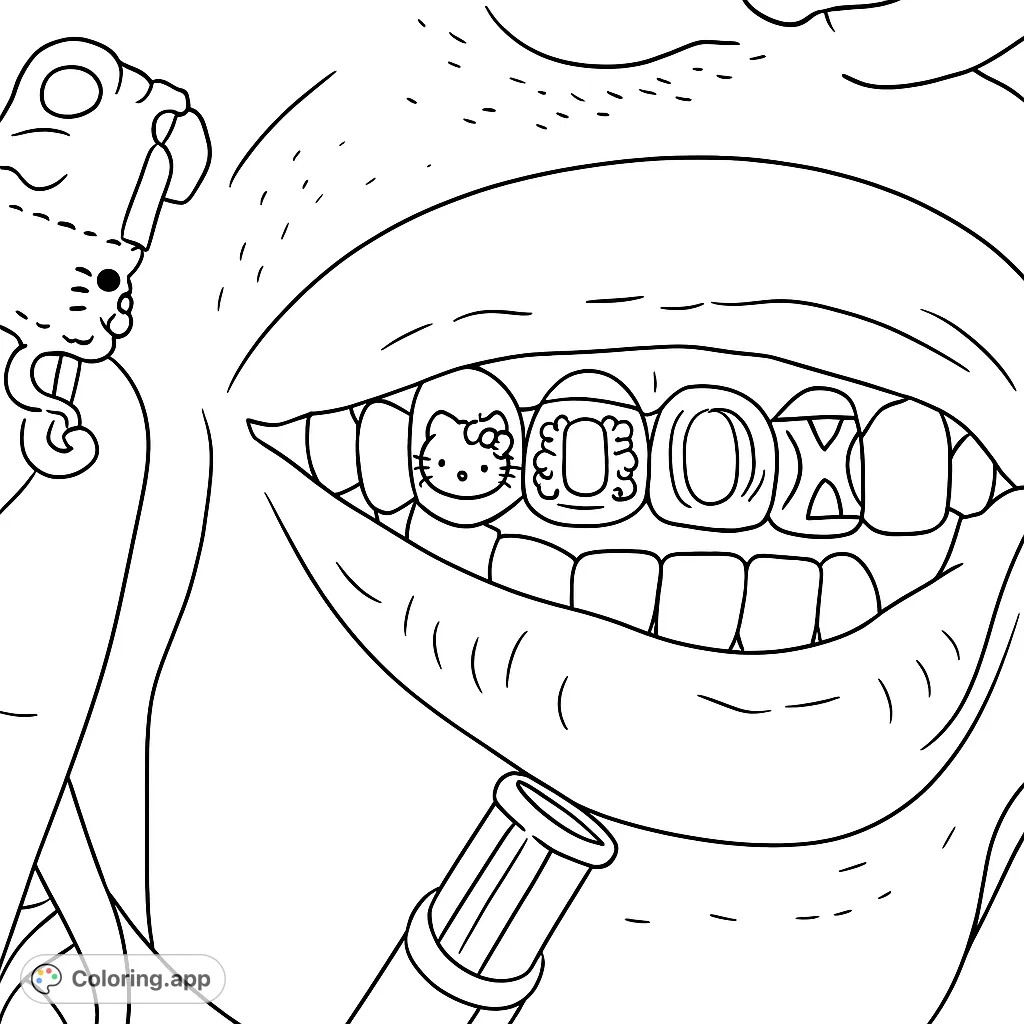 A unique smile featuring glossy lips and custom grillz, including a Hello Kitty design, ornate patterns, and a geometric initial. A glamorous statement piece.