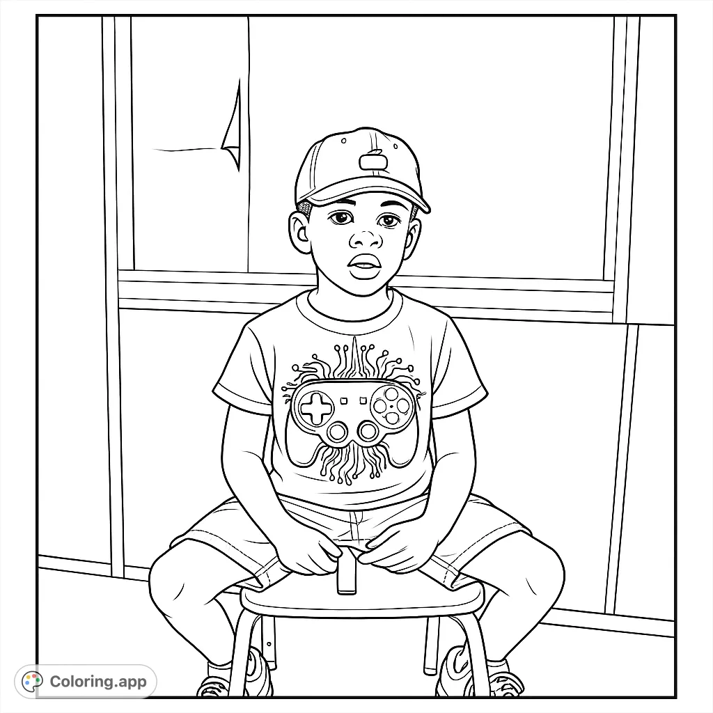 A young boy in a gamer t-shirt and cap sits on a stool, holding a toy. Perfect for kids who love video games and creative coloring.