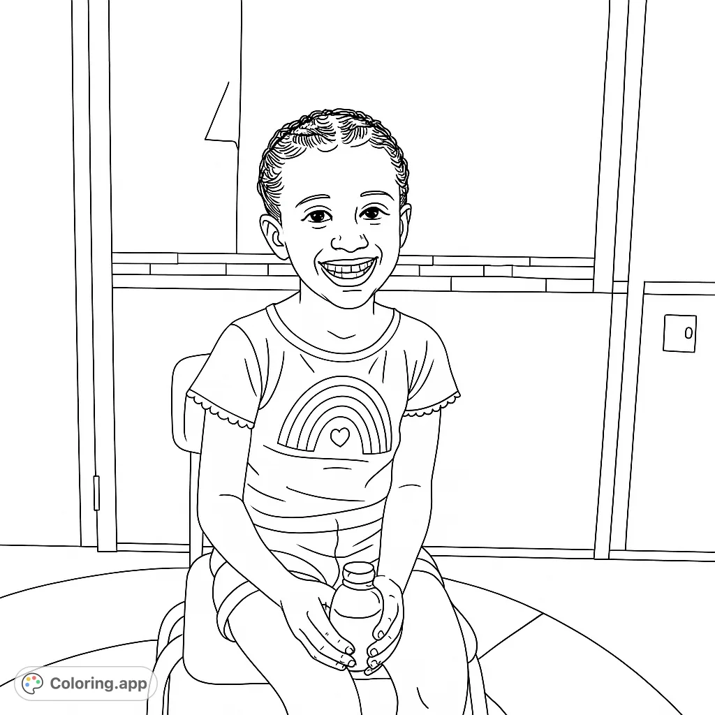 A delightful happy child coloring page featuring a smiling girl with braided hair, holding a bottle, seated in a classroom setting. Perfect free printable coloring page for kids.