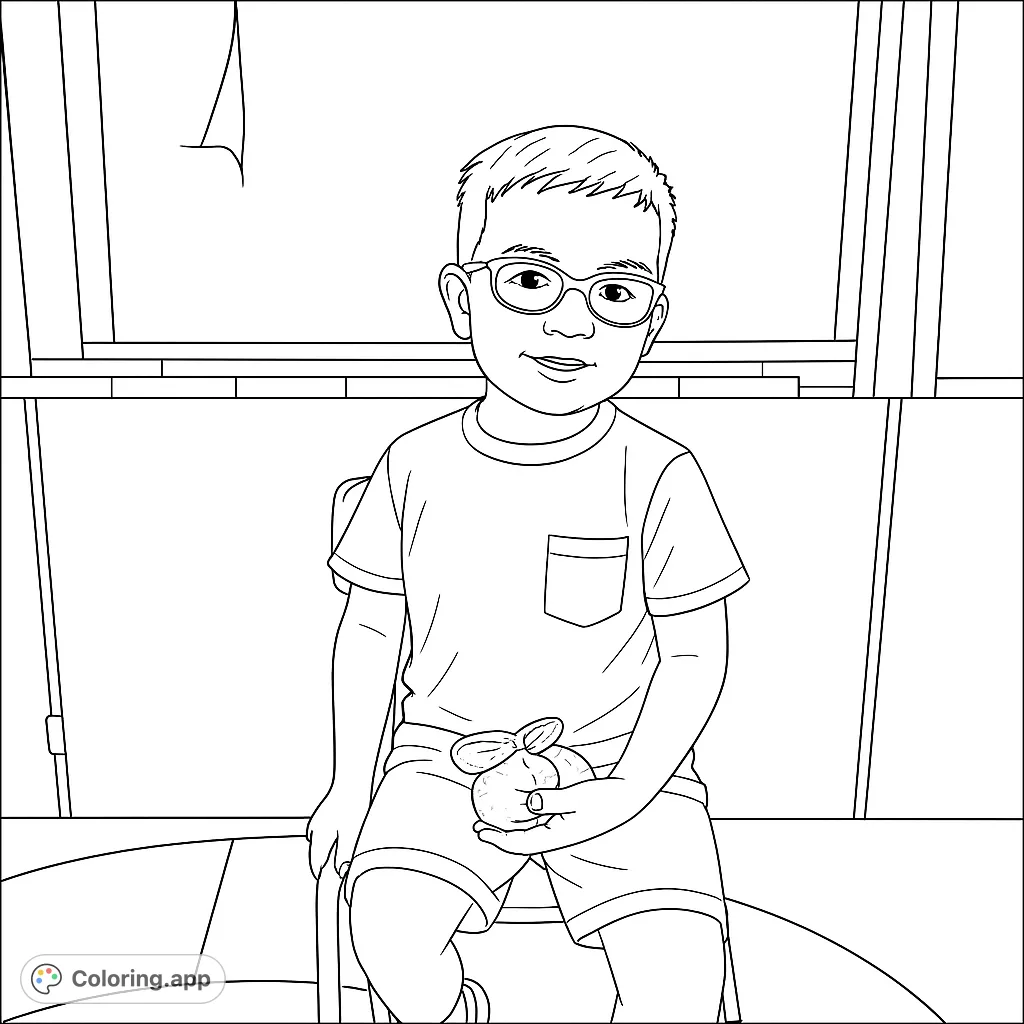 A charming coloring page featuring a young boy with glasses, seated and holding a textured object, set against a simple background. Perfect for kids!