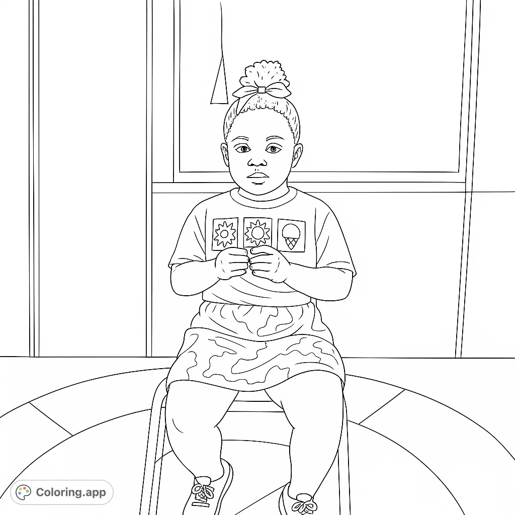 A charming coloring page featuring a young girl with a bow in her hair, sitting on a vibrant rainbow rug, perfect for kids and creative expression.