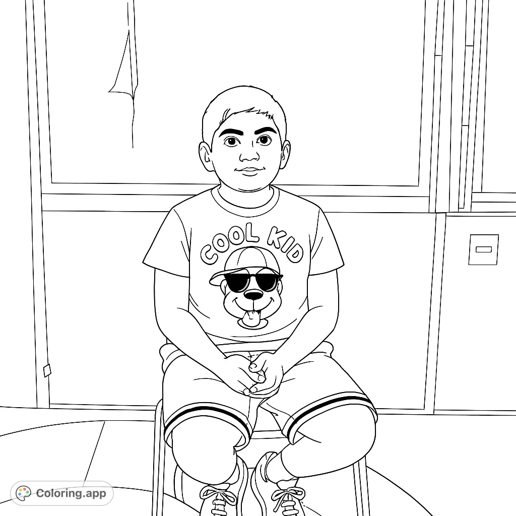 A cheerful young student sits on a chair in a classroom, ready for a fun student coloring page adventure. Perfect for kids to personalize!