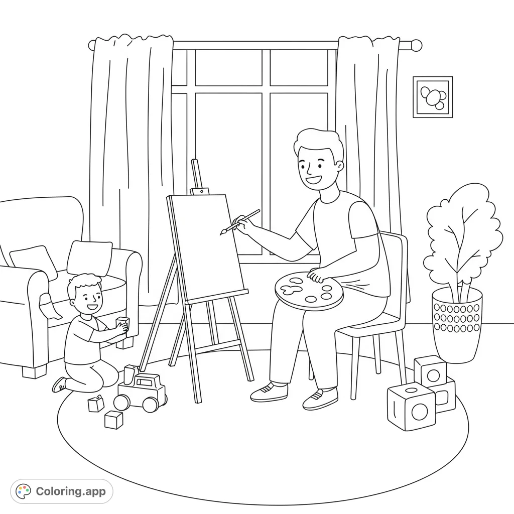 A heartwarming family hobby coloring page featuring a parent painting or gardening with a child playing nearby, set in a bright, open room.