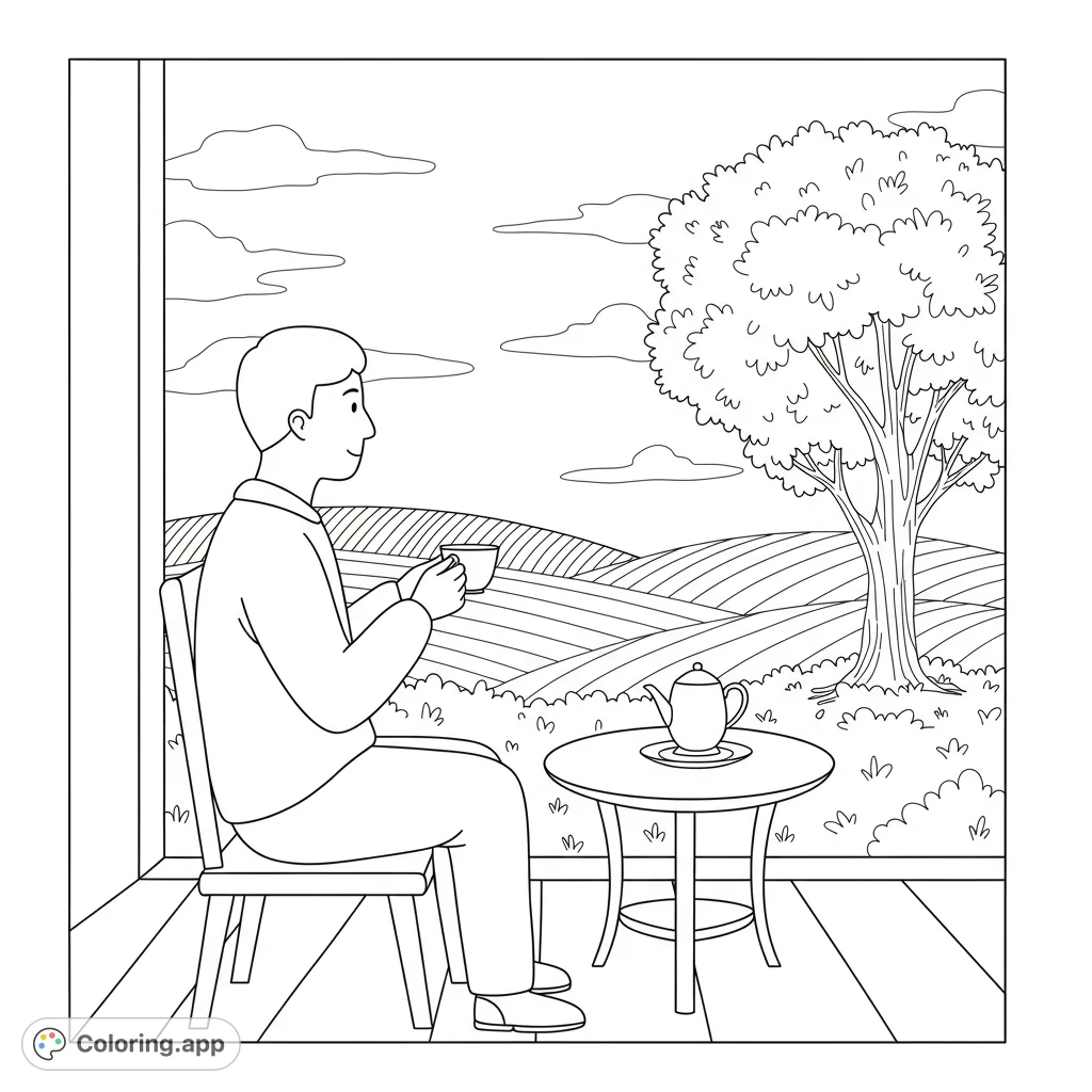 A serene parent enjoys a quiet tea moment overlooking rolling hills and a prominent tree. A free printable peaceful reflection coloring page for all ages.