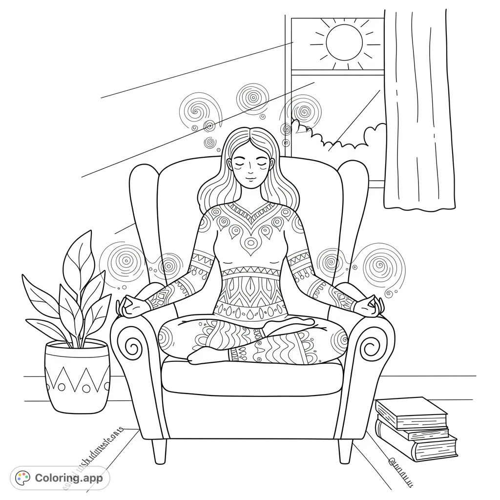 A tranquil meditation coloring page featuring a serene woman in an armchair, surrounded by calming patterns and sunlight, perfect for mindful coloring.
