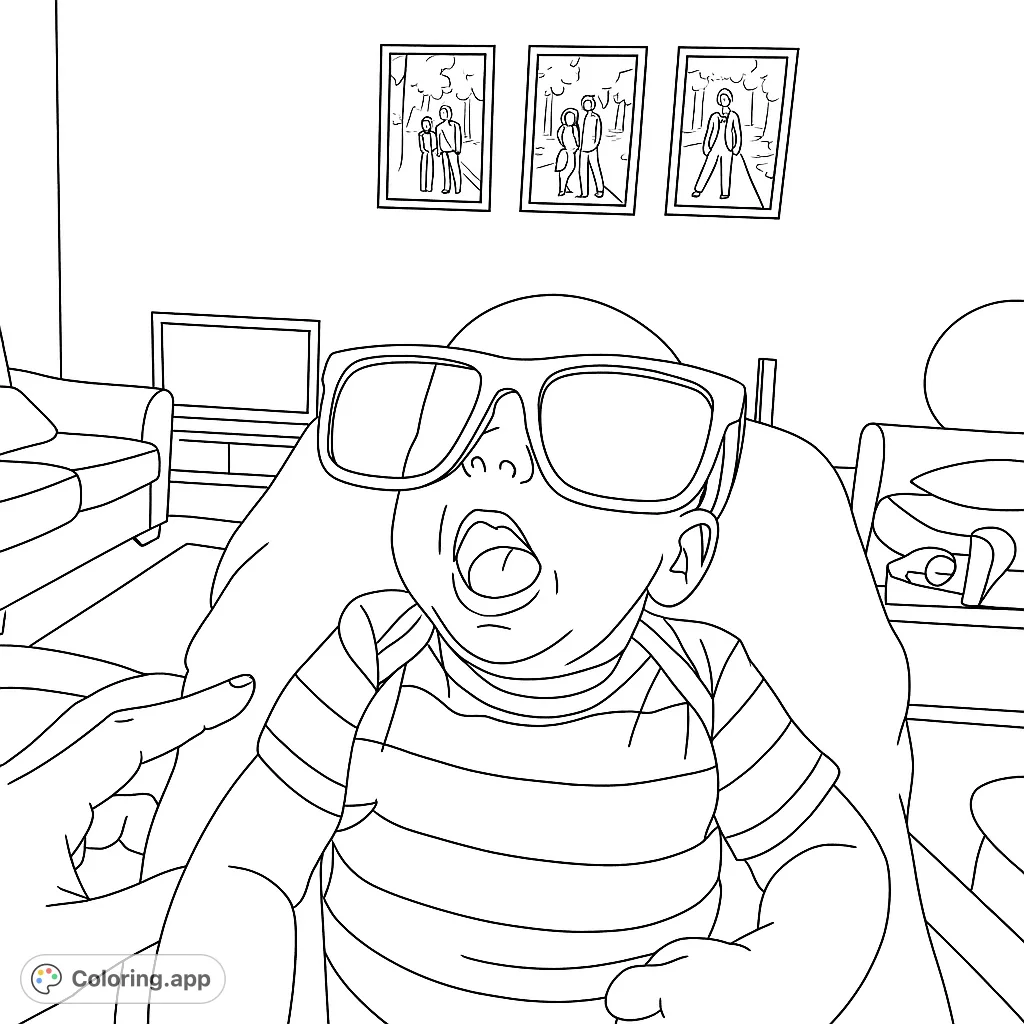 Adorable baby in oversized sunglasses, mouth open, ready for a fun coloring adventure. Perfect for kids and adults!
