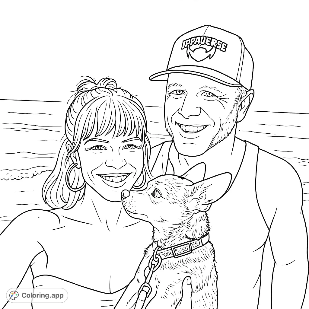 A happy couple and their small dog enjoy a sunny beach day. This beach family coloring page is perfect for a relaxing experience.