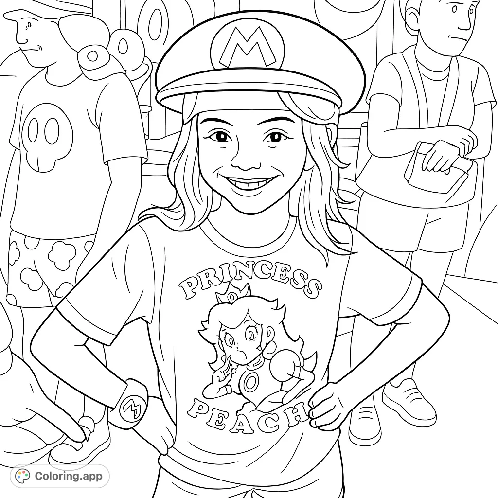 A cheerful girl in a Mario hat and Princess Peach shirt, ready for adventure. A fun, free printable Super Mario coloring page for kids and fans!