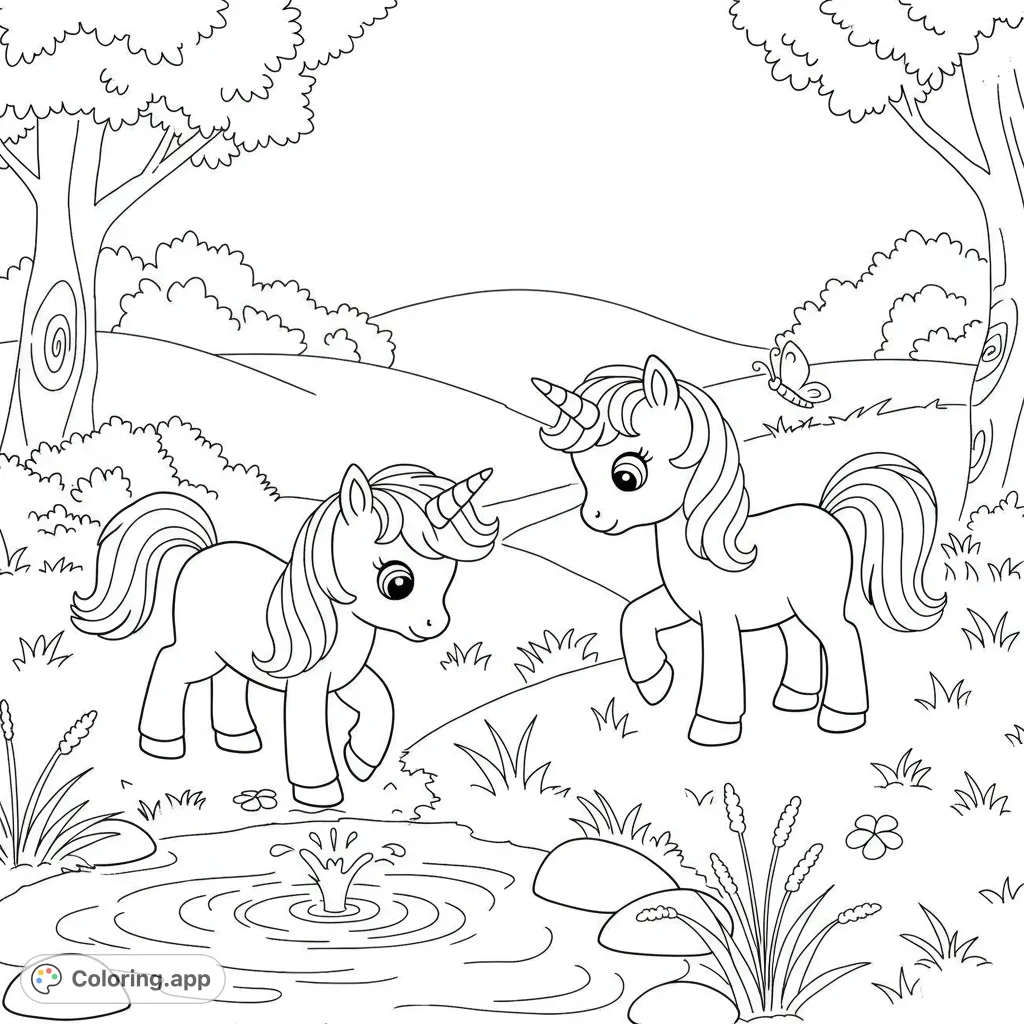 Adorable baby unicorns playing by a serene stream, perfect for a magical coloring adventure. A free printable unicorn coloring page.