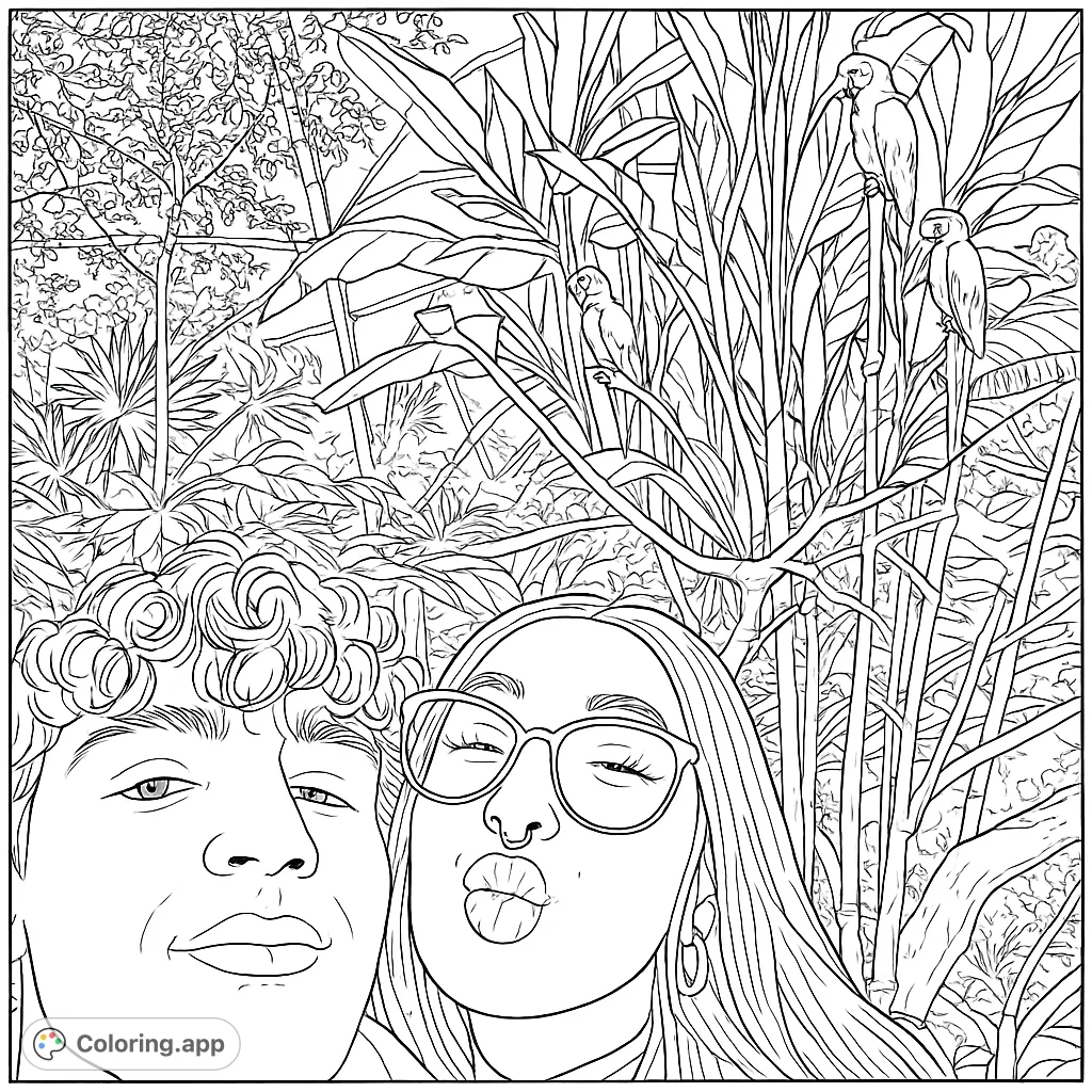 A couple poses for a selfie in a vibrant tropical aviary, surrounded by lush plants and colorful macaws. A fun, detailed jungle scene.