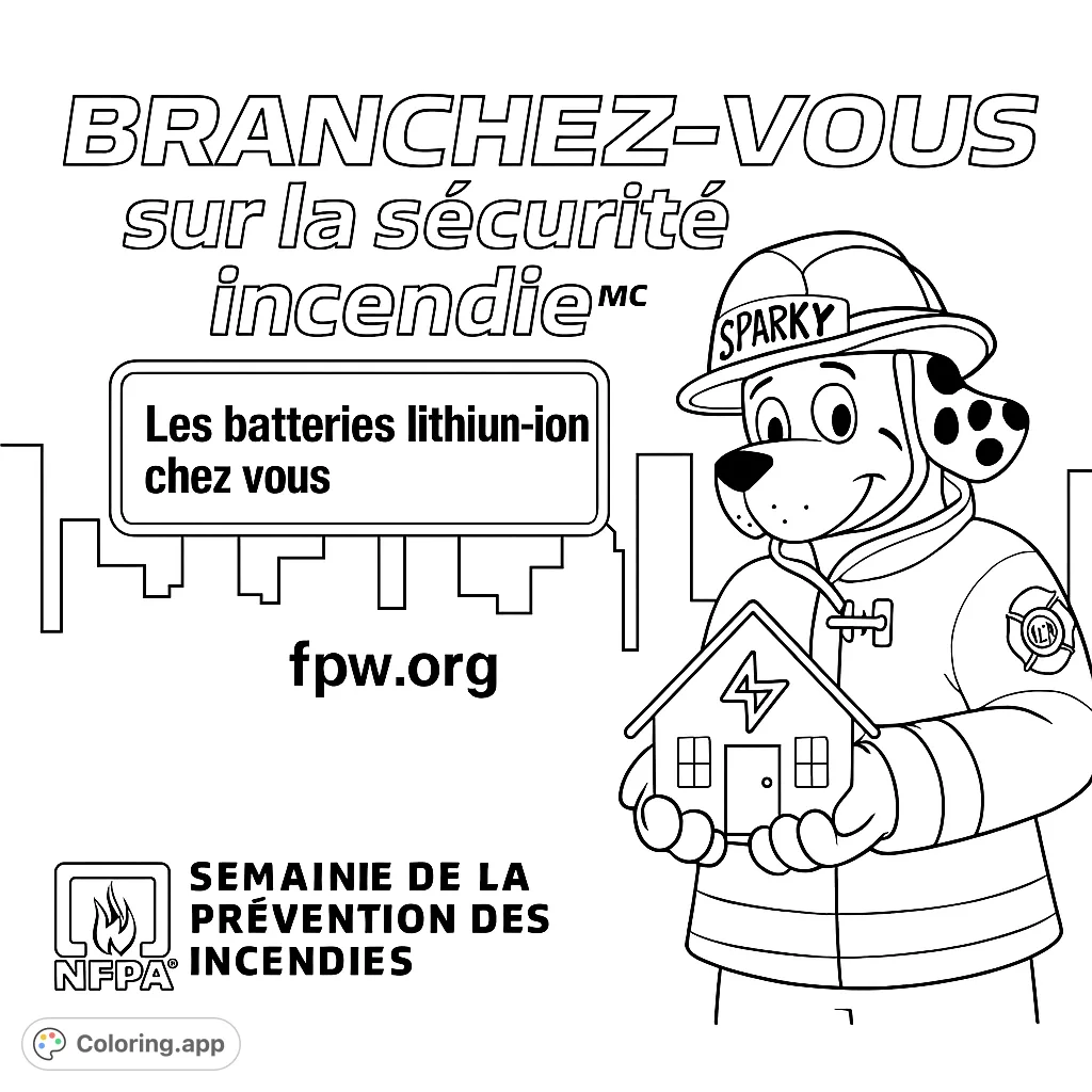 A friendly fire dog holds a house with a battery symbol, promoting home safety against a city skyline. Perfect for teaching kids about fire prevention.