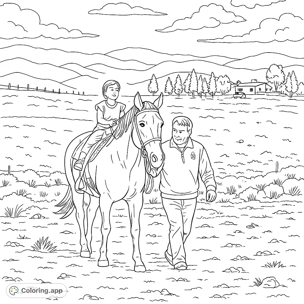 A delightful horseback riding coloring page featuring a girl on a horse led by an adult, set against a scenic mountain backdrop. Free printable fun!