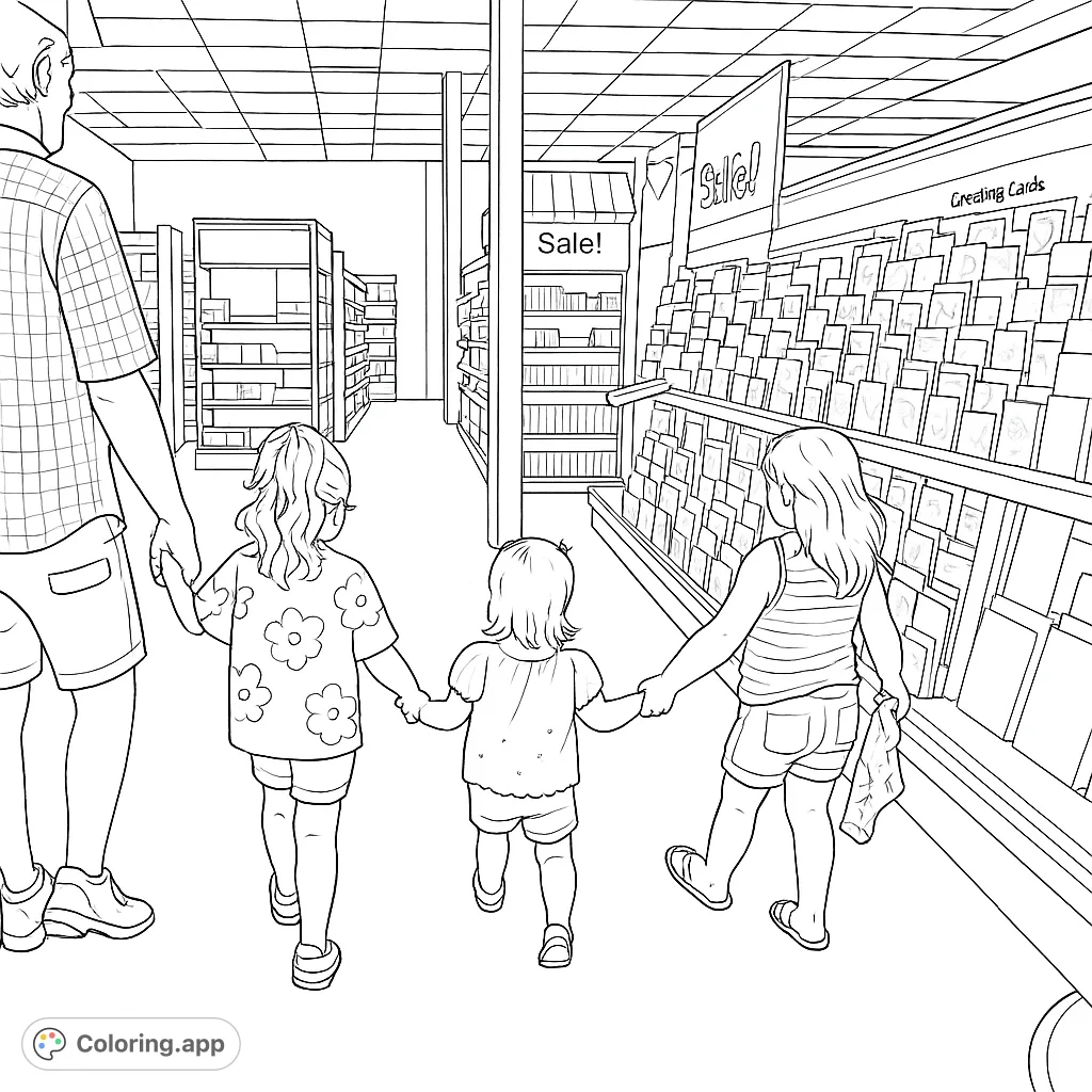 A heartwarming family shopping trip coloring page featuring an adult and three children holding hands, walking down a store aisle. Free printable for all ages.