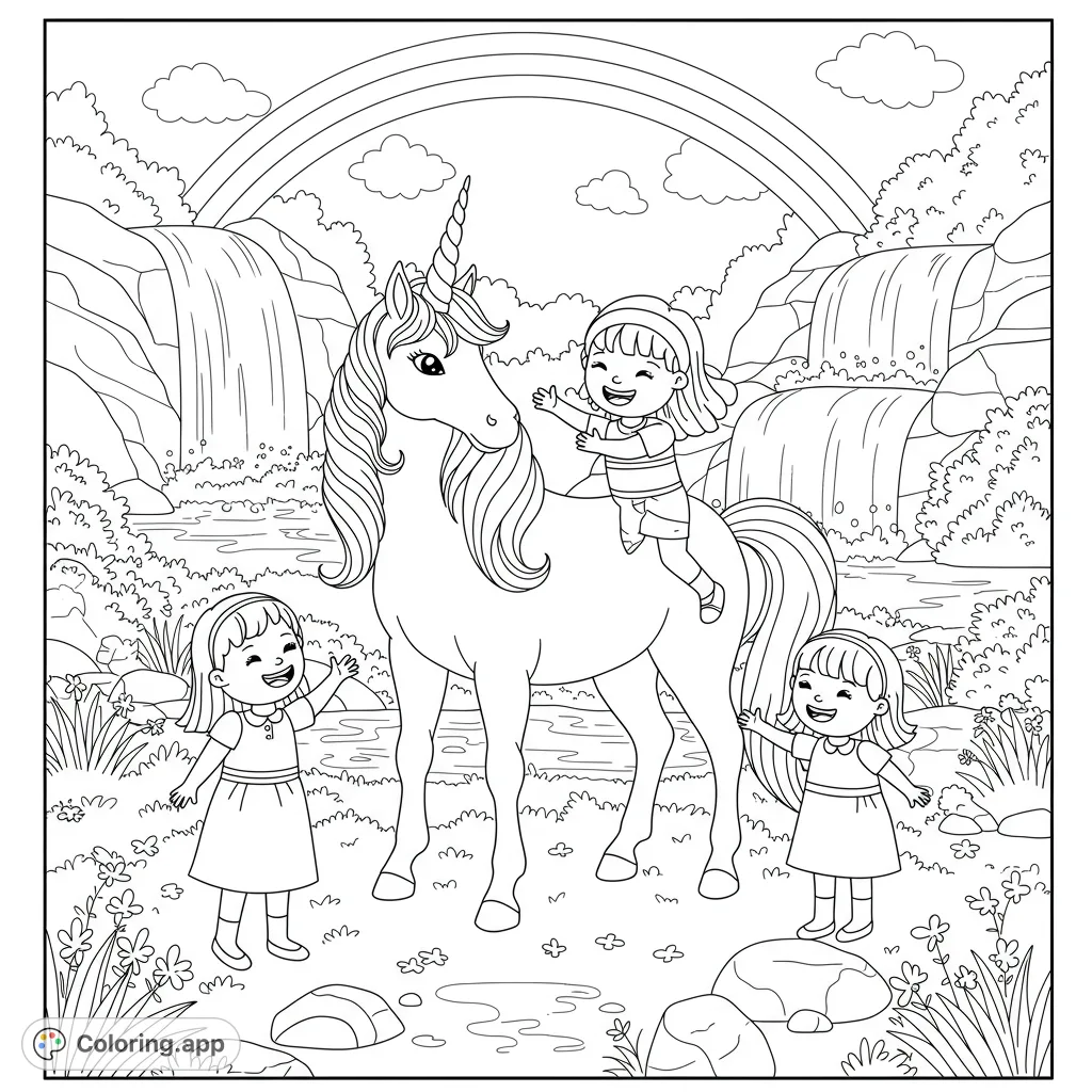 A magical unicorn, two joyful girls, a rainbow, and a waterfall create an enchanting unicorn coloring page, perfect for imaginative fun.