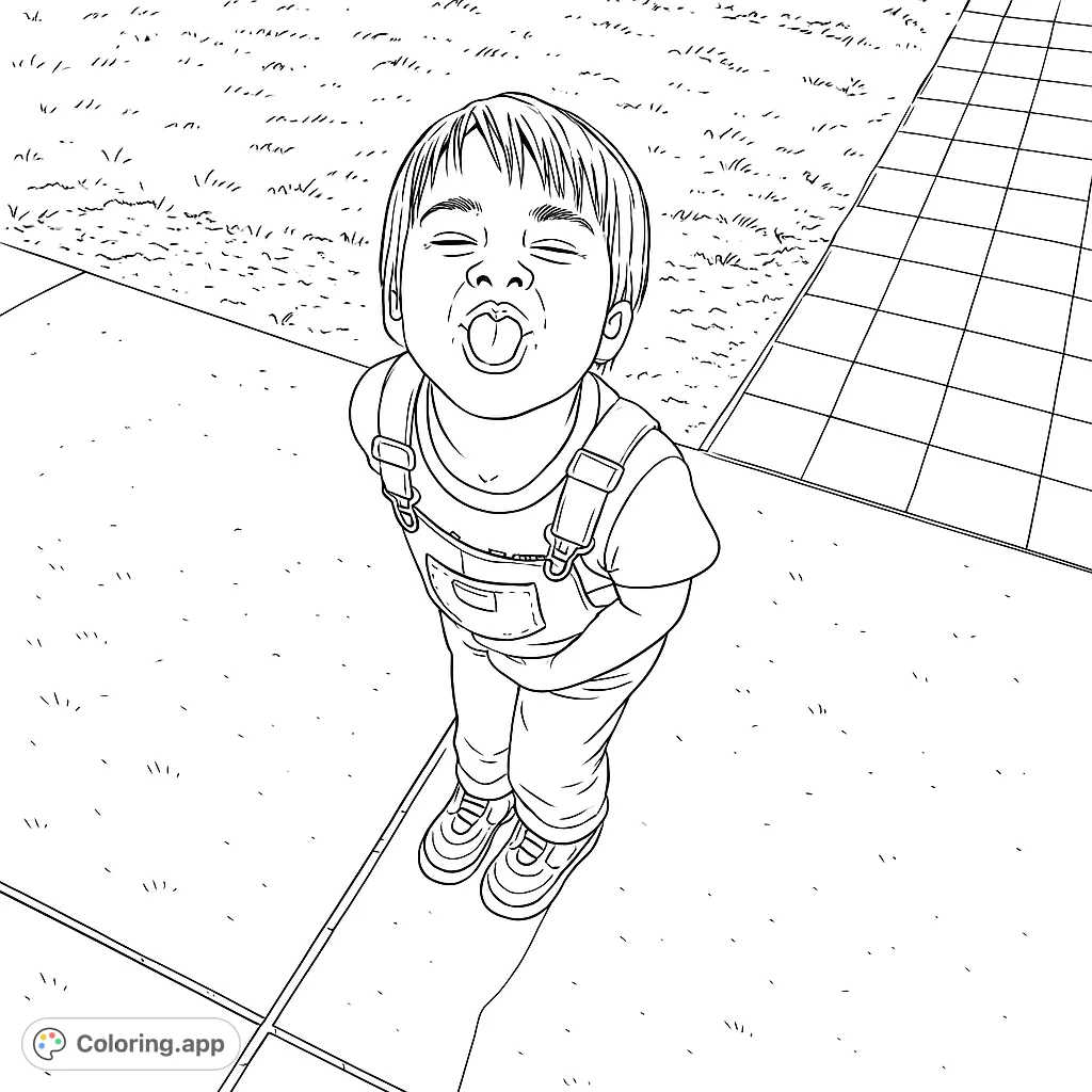 A cheerful child in overalls playfully sticks out their tongue, eyes squeezed shut, ready for vibrant colors. A fun, free printable child coloring page for kids.