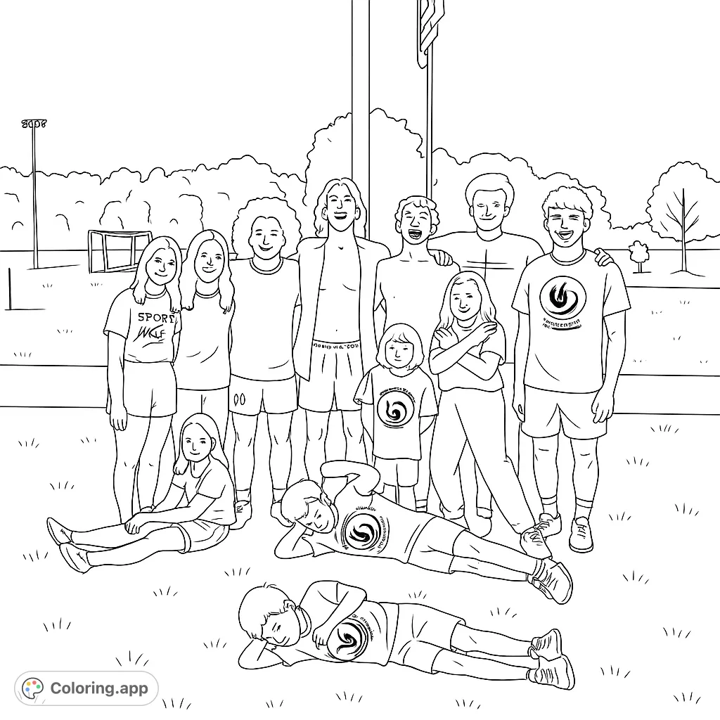 A joyful group of friends and youth gathered outdoors on a grassy field, celebrating togetherness under a flagpole. Perfect for all ages.