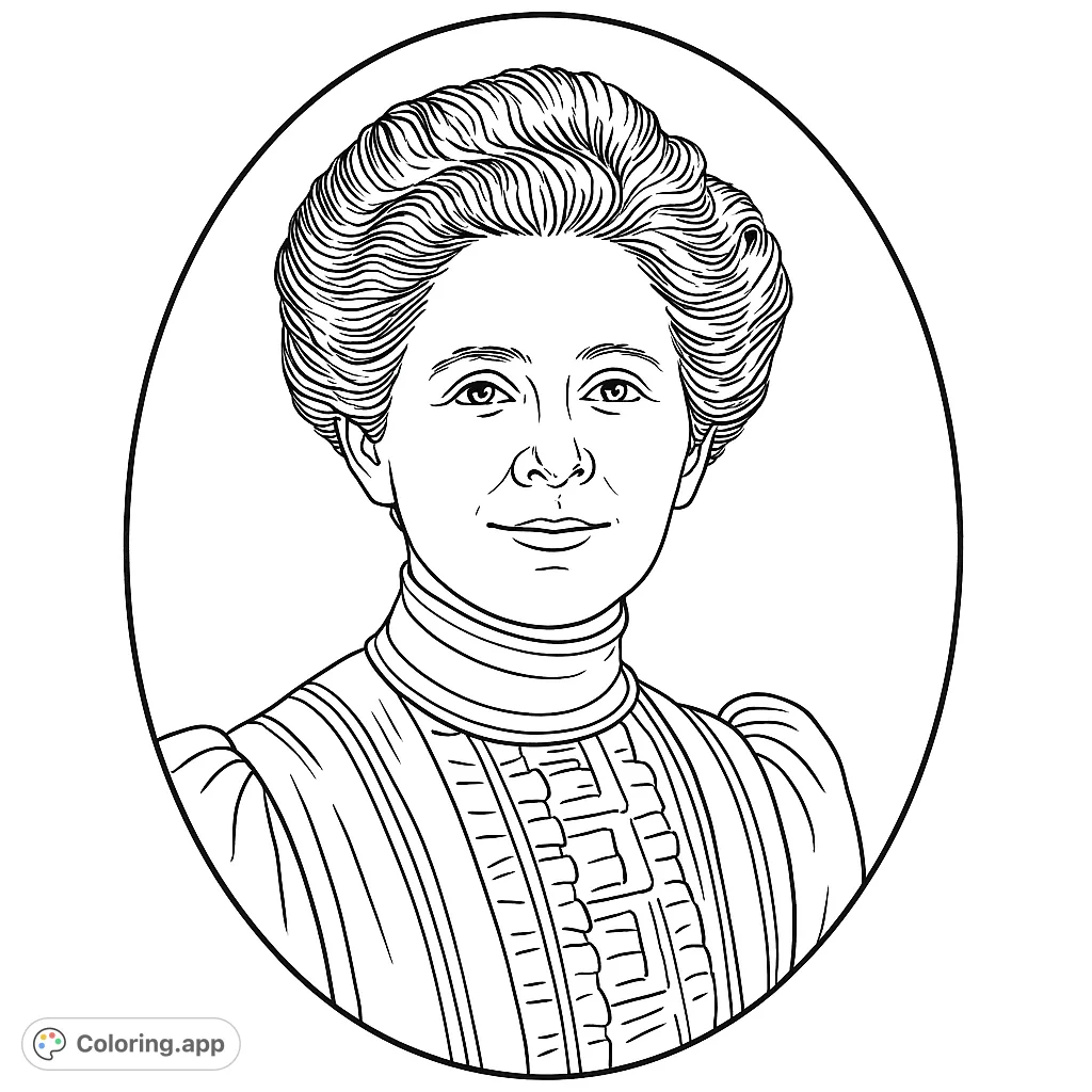Elegant portrait of a woman with intricate attire, framed in an oval. A timeless classic for detailed coloring, perfect for all ages.