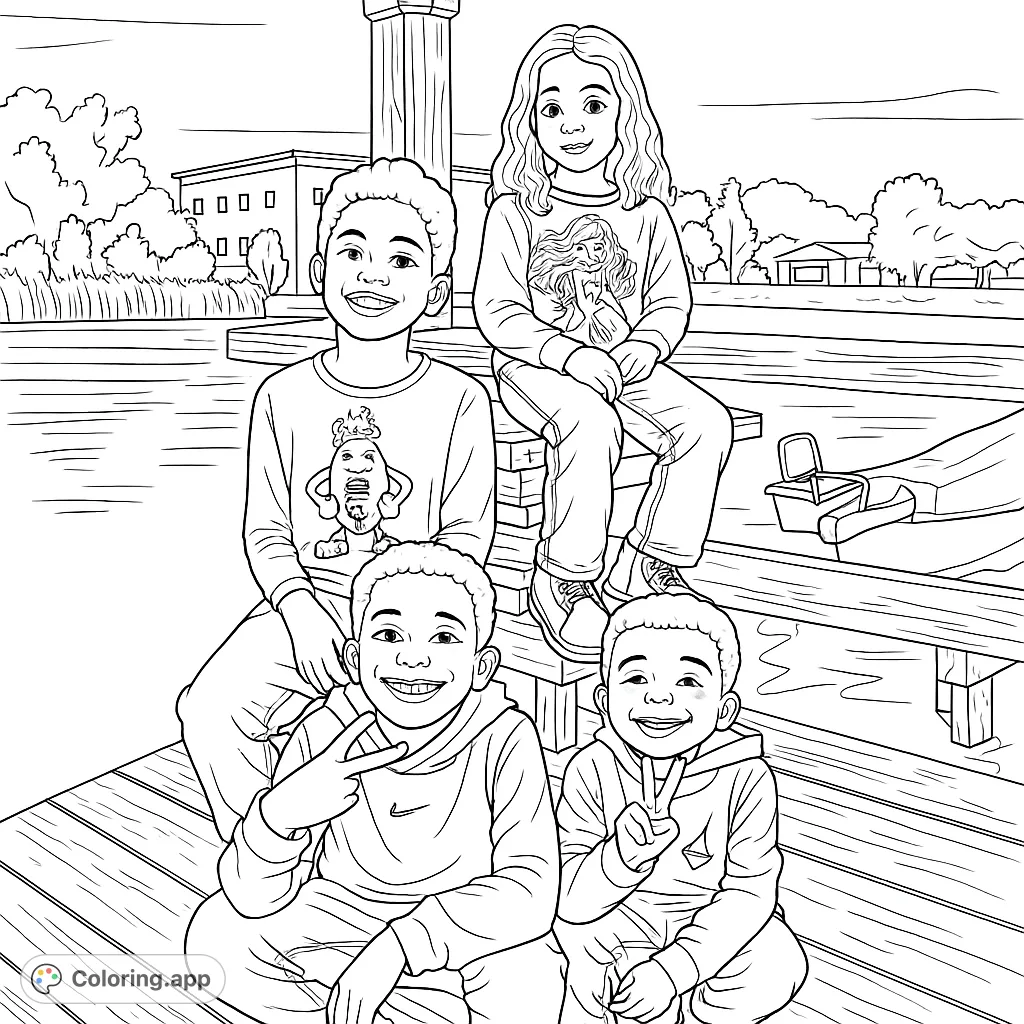 Four smiling children on a wooden dock by the water, two making peace signs. A joyful scene perfect for family fun and outdoor adventure coloring.
