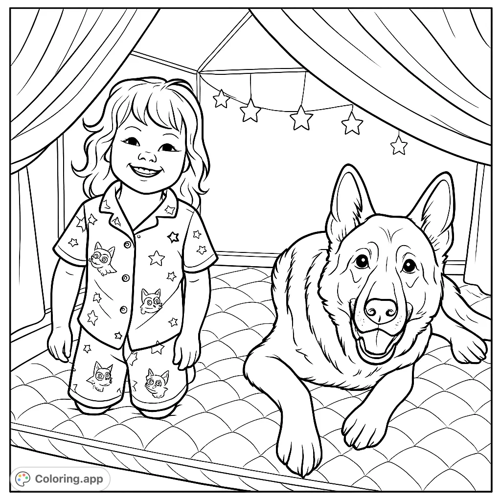 A happy child and their loyal dog inside a cozy fort, surrounded by twinkling star lights. Perfect for a fun, heartwarming coloring adventure.