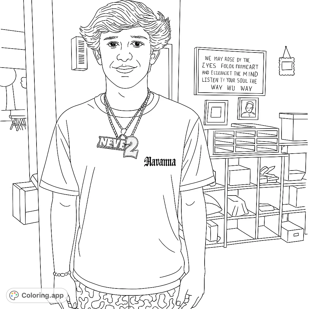 Color a stylish young man with unique necklaces and patterned shorts in a detailed room. Perfect for fashion and portrait coloring page enthusiasts.
