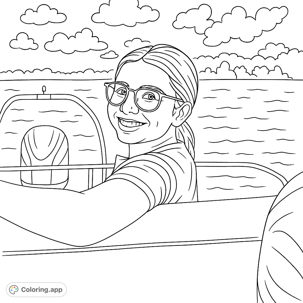 A smiling girl on a boat, enjoying a sunny day on the water. Perfect for a relaxing boat adventure coloring page experience.