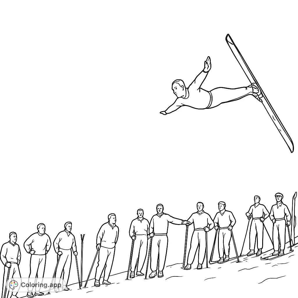 Dynamic ski jump scene with a soaring skier and spectators below. A thrilling winter sports coloring page for all ages.