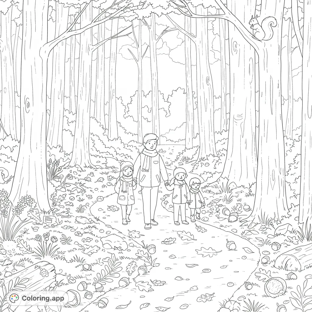 Join a family on a delightful fall nature walk, discovering leaves, nuts, and forest creatures amidst crisp autumn air. A perfect free printable coloring page.
