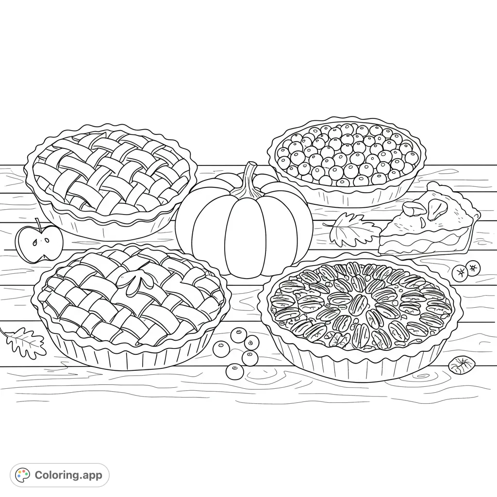 Celebrate autumn with a delightful array of fall pies! This free printable Thanksgiving coloring page features apple, pumpkin, blueberry, cherry, and pecan pies.