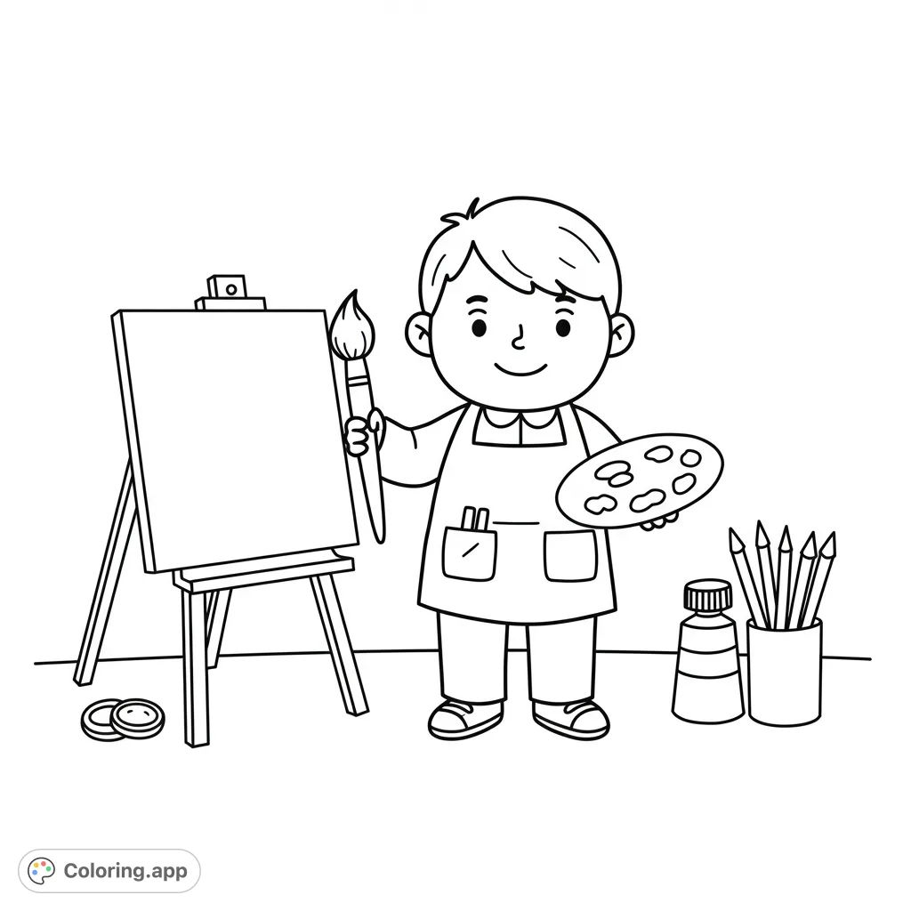 A friendly art teacher holding a paintbrush and palette, surrounded by simple art supplies. A perfect, easy coloring page for young artists.