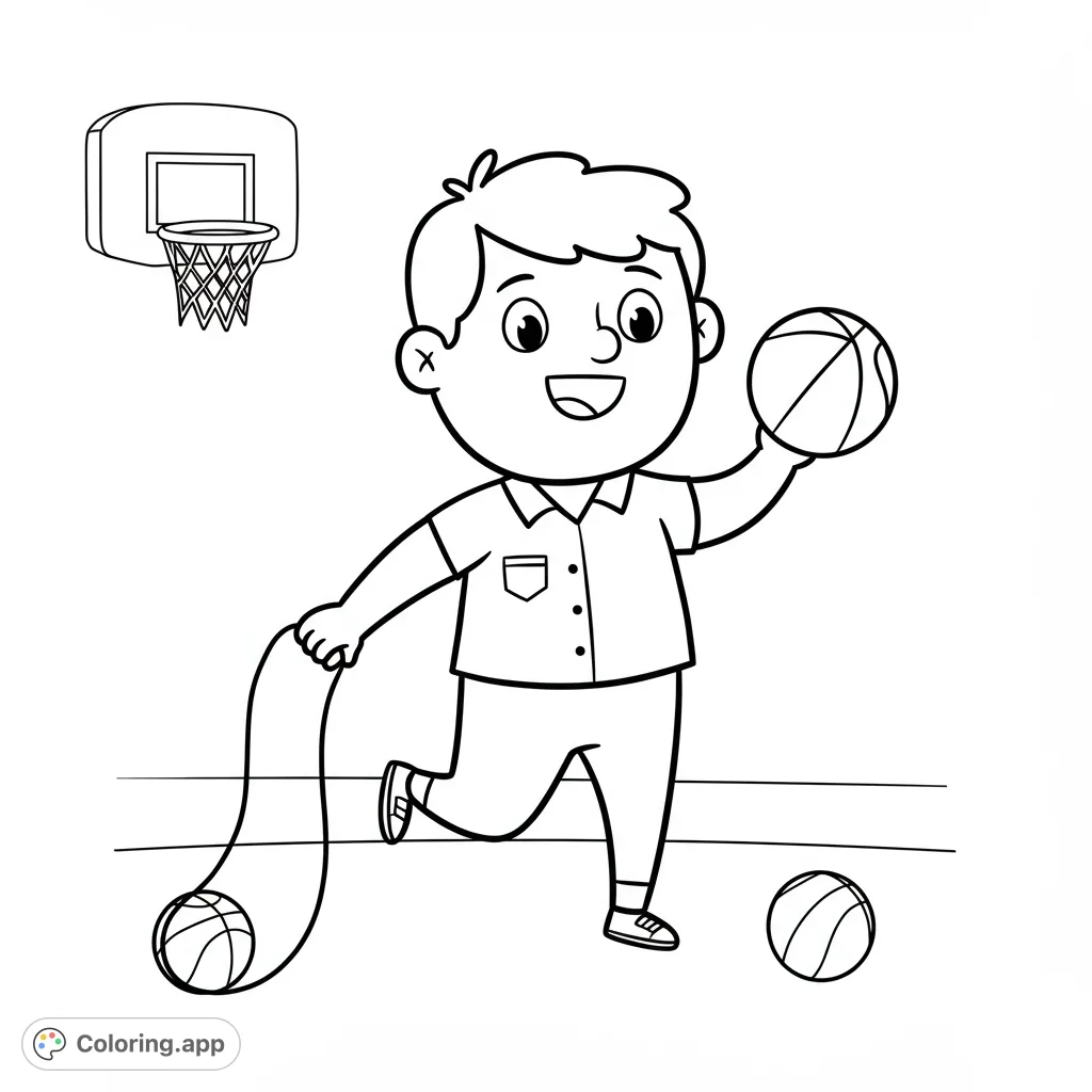 A fun, easy gym teacher coloring page for kindergarteners, featuring a friendly teacher in a dynamic pose with simple sports equipment. Perfect for young artists!