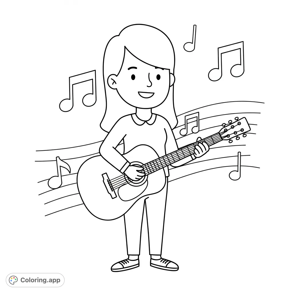 A simple, inviting music teacher coloring page featuring a smiling woman with a guitar and large musical notes, perfect for young artists.