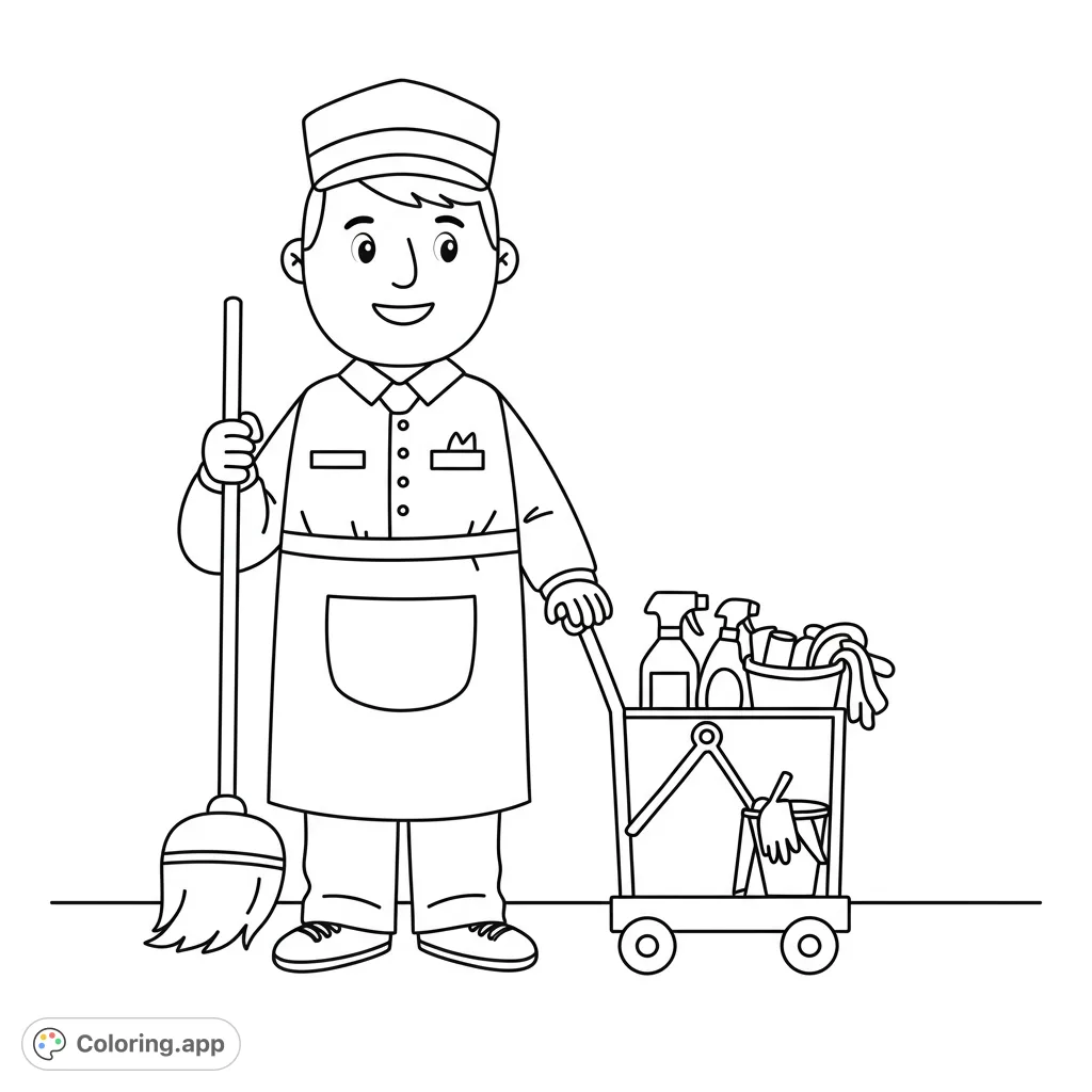 A simple, friendly custodian coloring page for kids, featuring a smiling community helper with cleaning tools. Perfect for young artists.