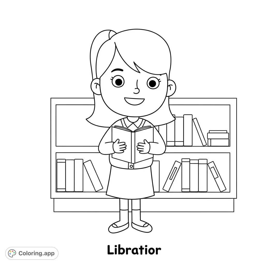 A friendly librarian holding a book, standing by a bookshelf. Perfect for young learners to color and learn about school helpers.