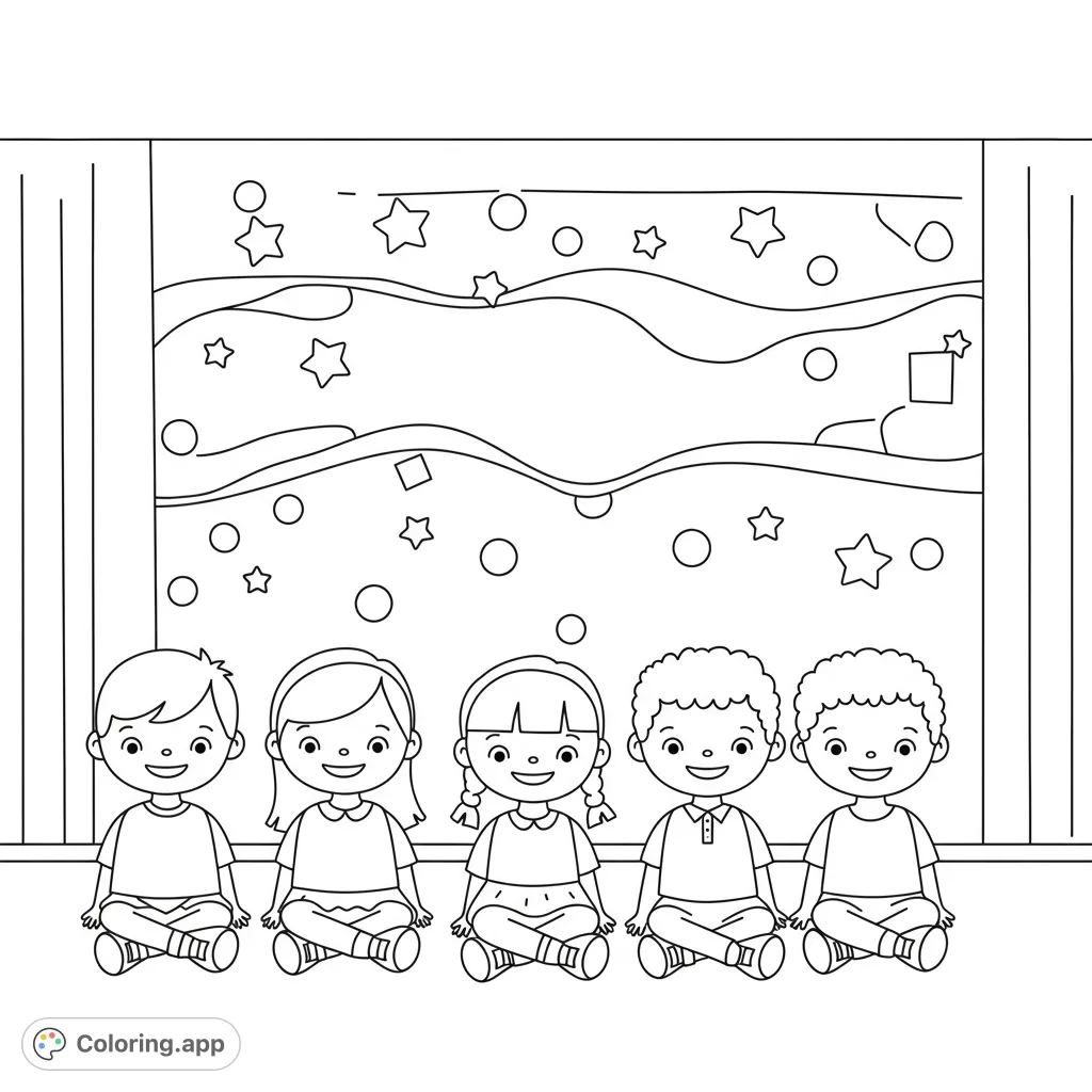 A delightful school assembly coloring page featuring happy kindergarten friends seated, ready for fun. Perfect for young learners to color and explore school life.