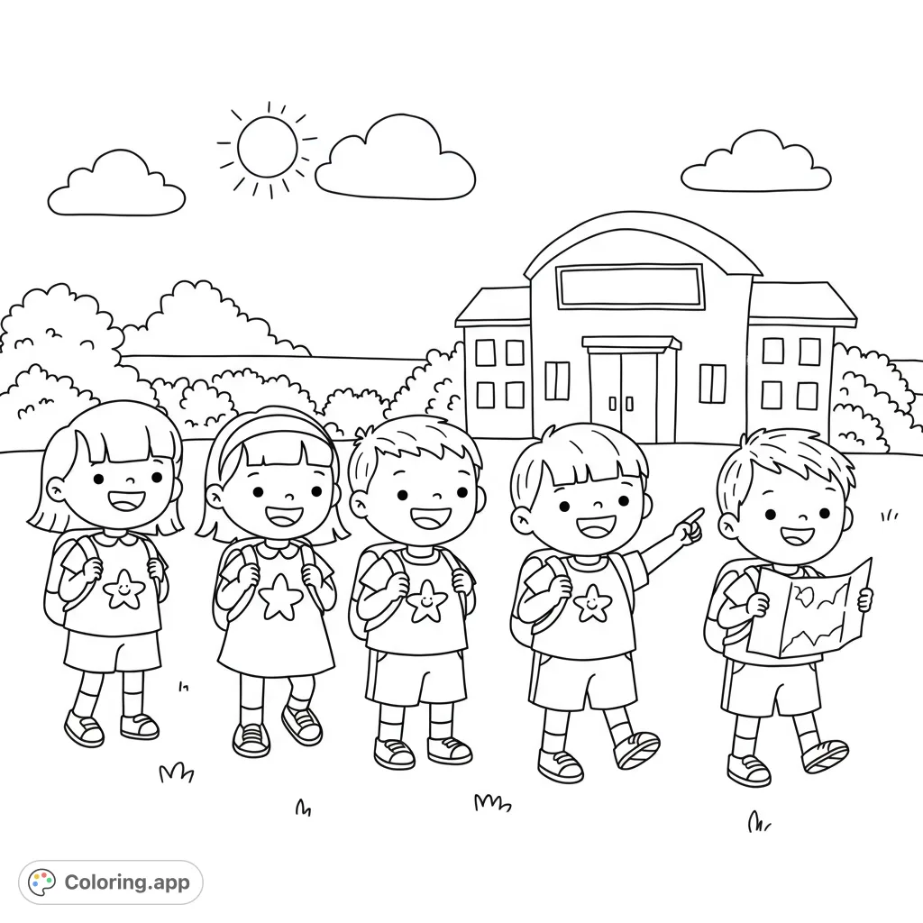A delightful field trip coloring page featuring happy kindergarten friends exploring a new place, perfect for young artists.