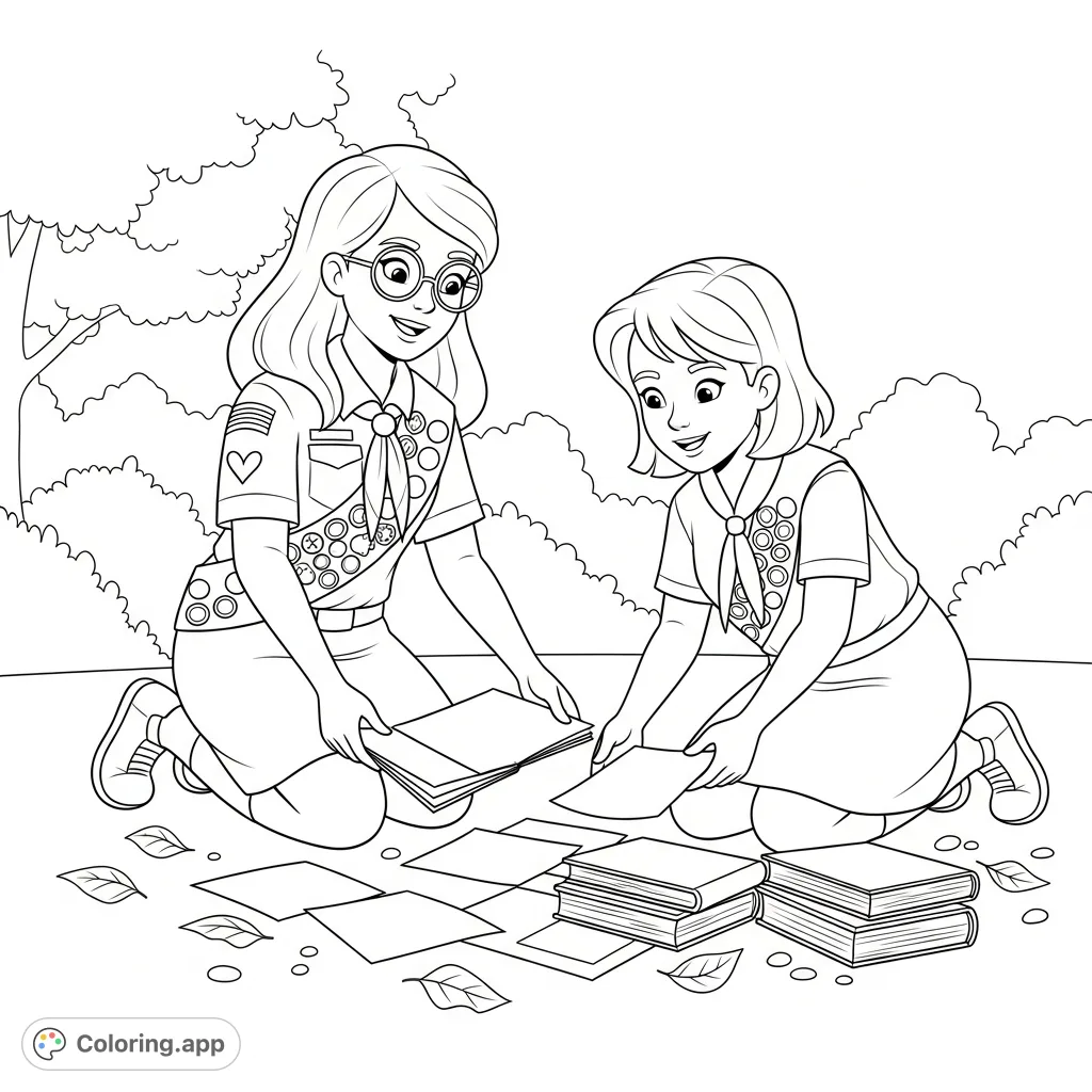 A heartwarming girl scout coloring page showing a girl scout in uniform and glasses helping a friend pick up dropped books and papers. A sweet scene of kindness.
