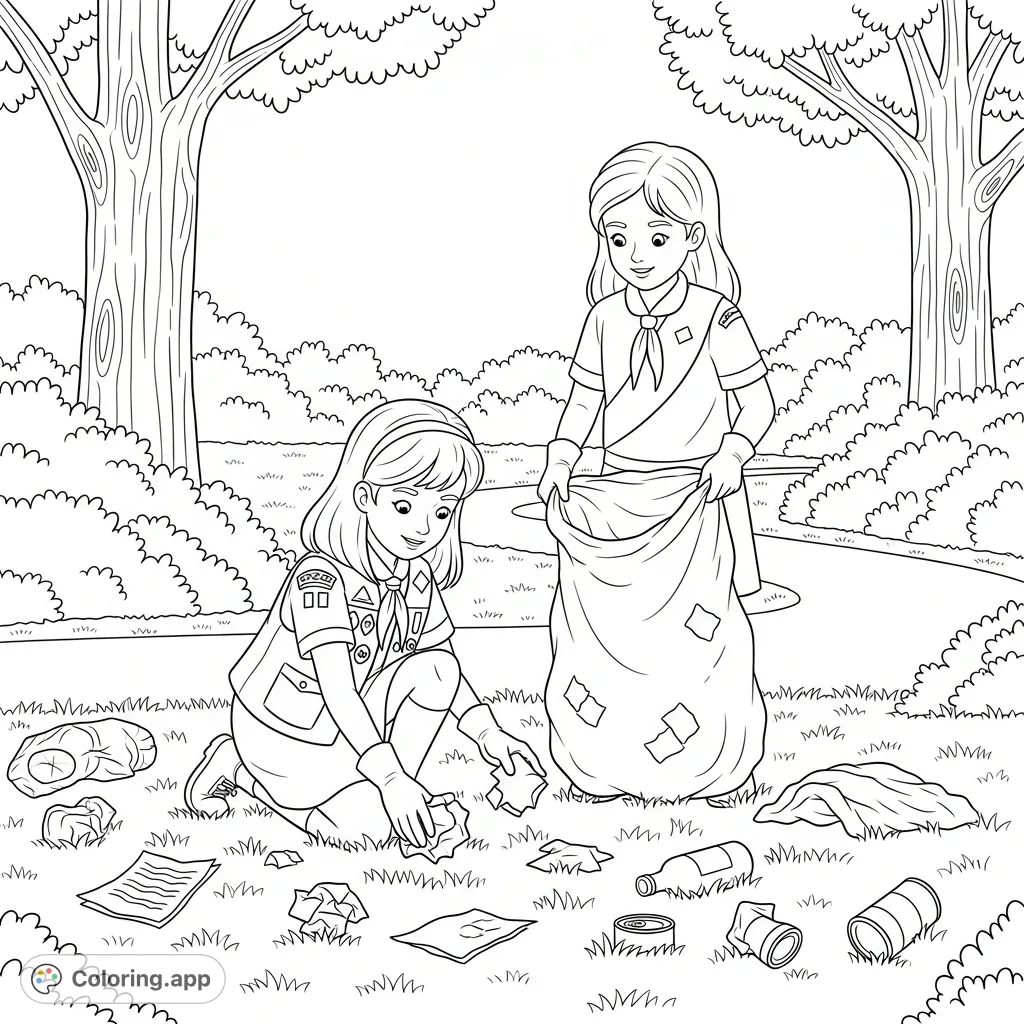 Two eager girl scouts clean up litter in a park, promoting environmental care and community spirit. A perfect free printable coloring page for all ages!