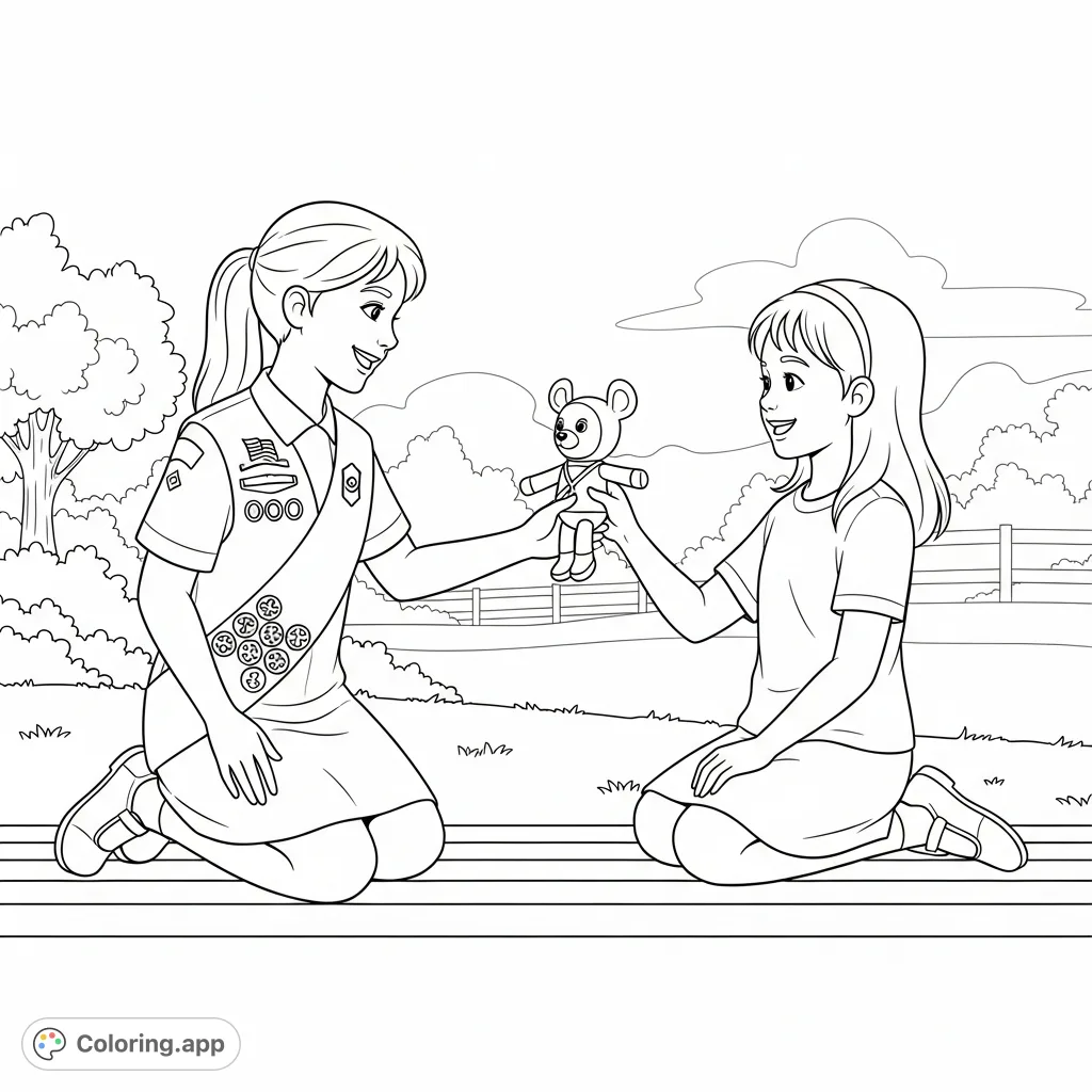 A heartwarming scene of two smiling girls, one in a Girl Scout uniform, sharing a toy. Perfect for teaching friendship and kindness to young colorists.
