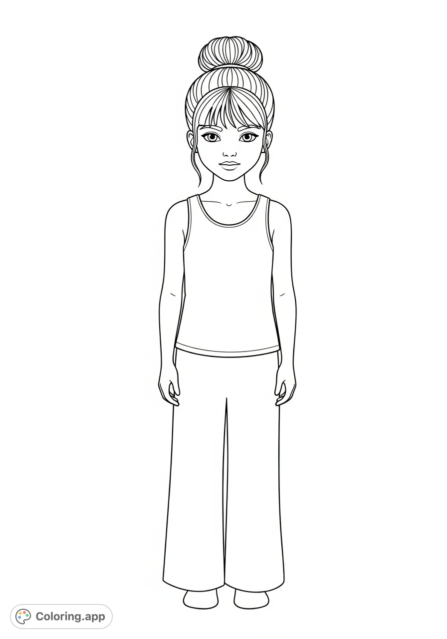 A charming outline of a young girl with a high bun, wearing a tank top and pants. Perfect for young artists to personalize and explore their creativity on this easy little girl coloring page.