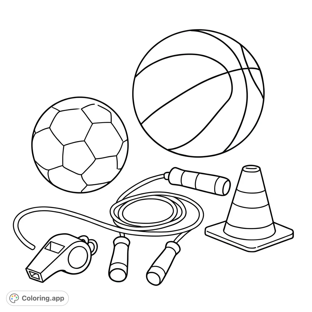 A fun, simple sports items coloring page for kindergarteners, featuring a basketball, soccer ball, jump rope, and more for gym class fun.