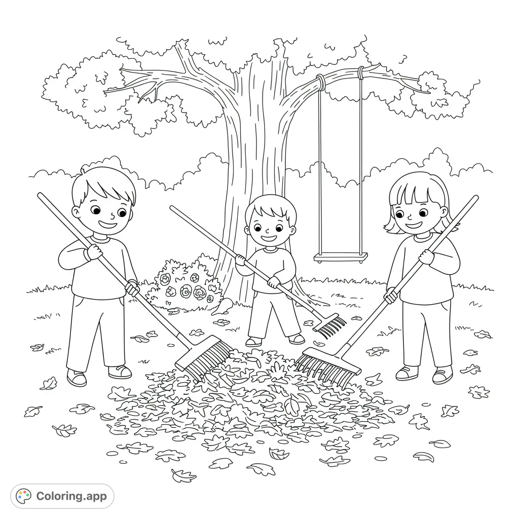 Three happy kids rake a giant leaf pile in their yard, with a tree swing nearby. A delightful fall scene for young colorists.