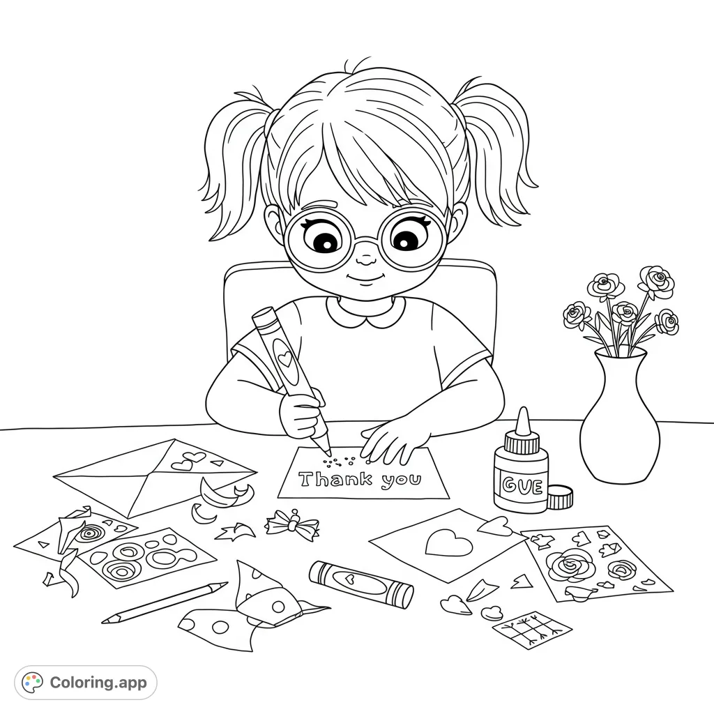 A heartwarming Veterans Day coloring page featuring a little girl with glasses diligently making a thank you card, surrounded by craft supplies.