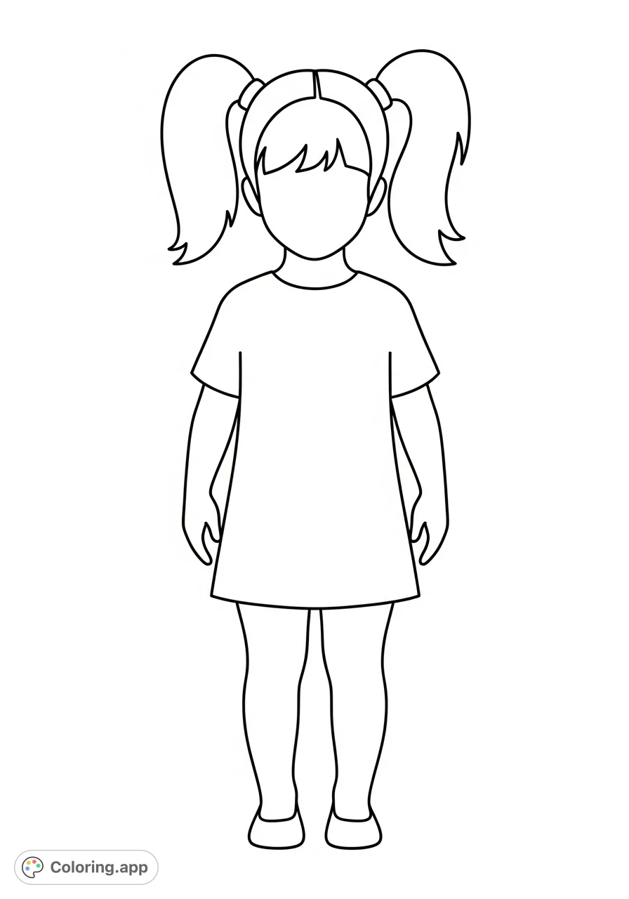 A charming, simple outline of a little girl with two pigtails, perfect for young artists to personalize. A free printable coloring page for kids!