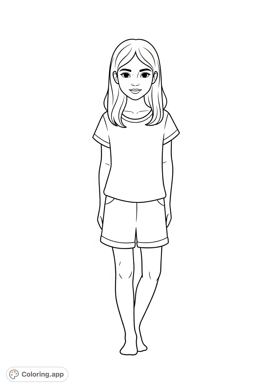 A simple yet charming outline of a little girl with shoulder-length hair, wearing a shirt and shorts. Perfect for young colorists or those seeking a foundational image.