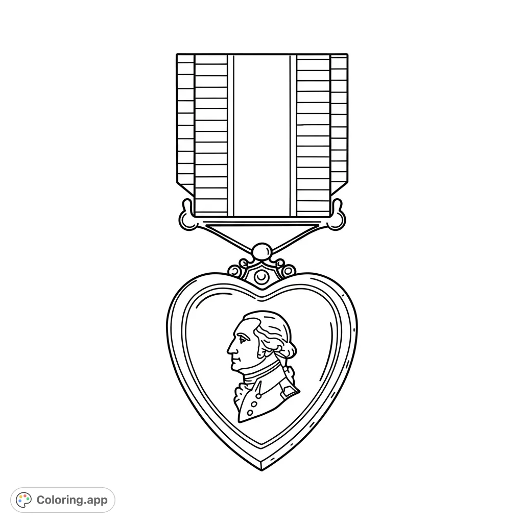 Honor veterans with this detailed Purple Heart medal coloring page. Features George Washington's profile and a classic ribbon, perfect for patriotic tribute.
