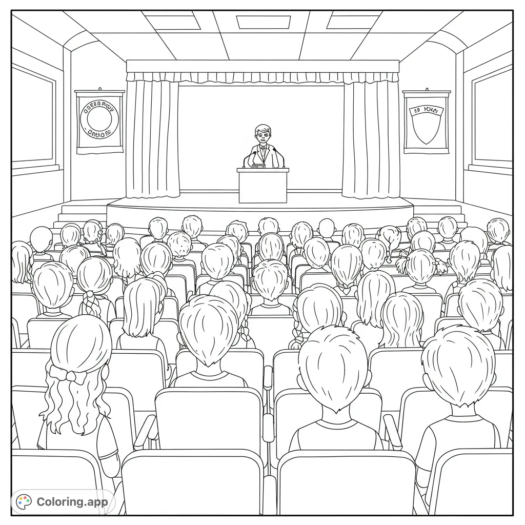A welcoming school assembly coloring page featuring friends seated in an auditorium, listening to the principal. Perfect for kindergarteners!