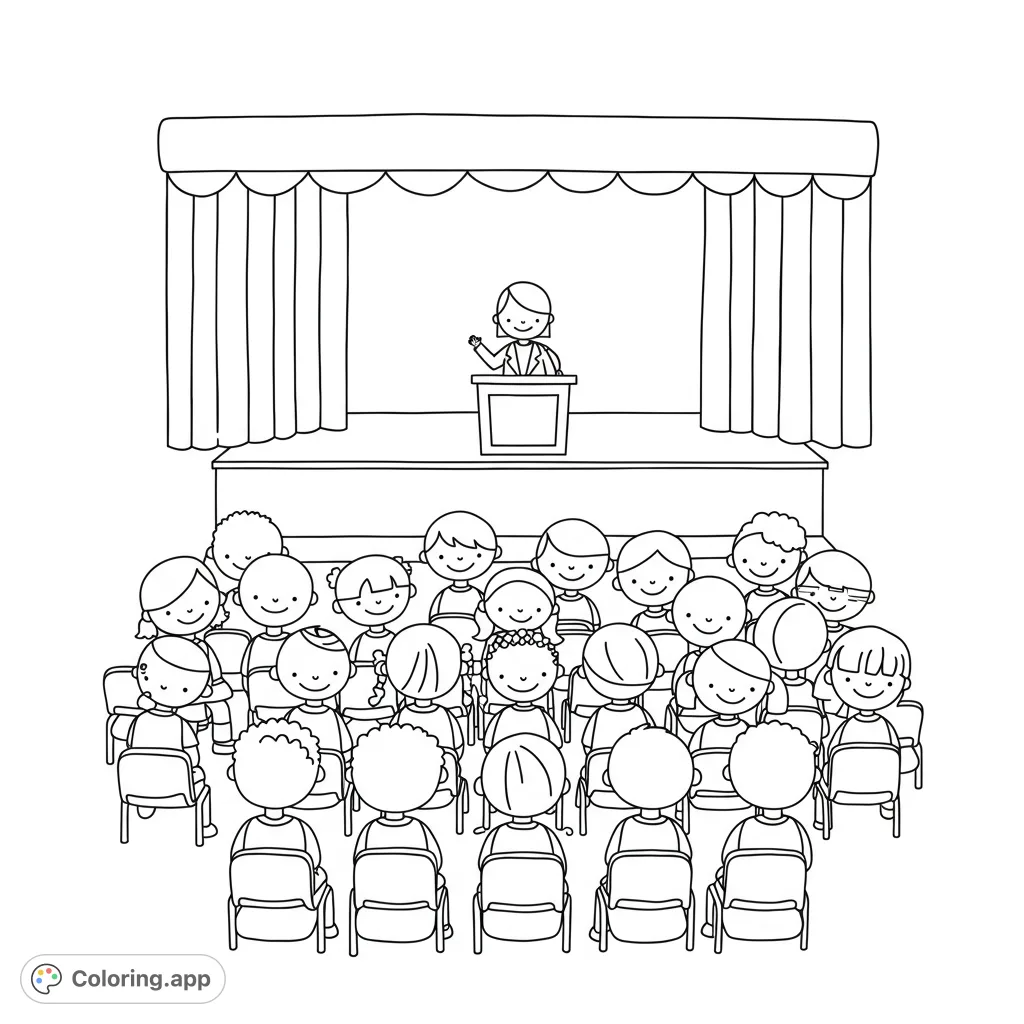 A welcoming school assembly coloring page featuring happy children seated in an auditorium, listening to their principal speak on stage. Perfect for new students!