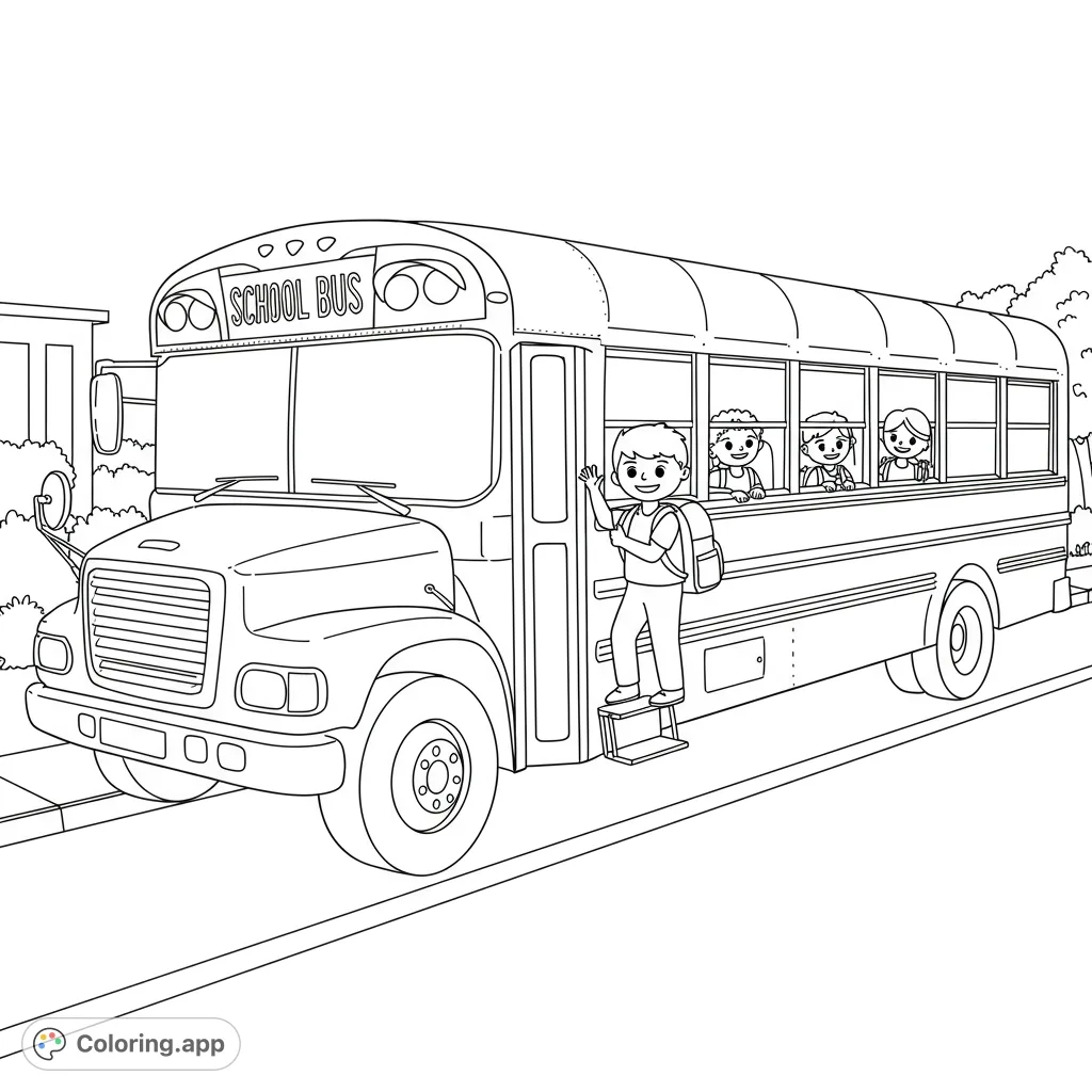 A cheerful school bus scene with kids boarding and waving, ready for a fun journey. This free printable school bus coloring page is perfect for young colorists.